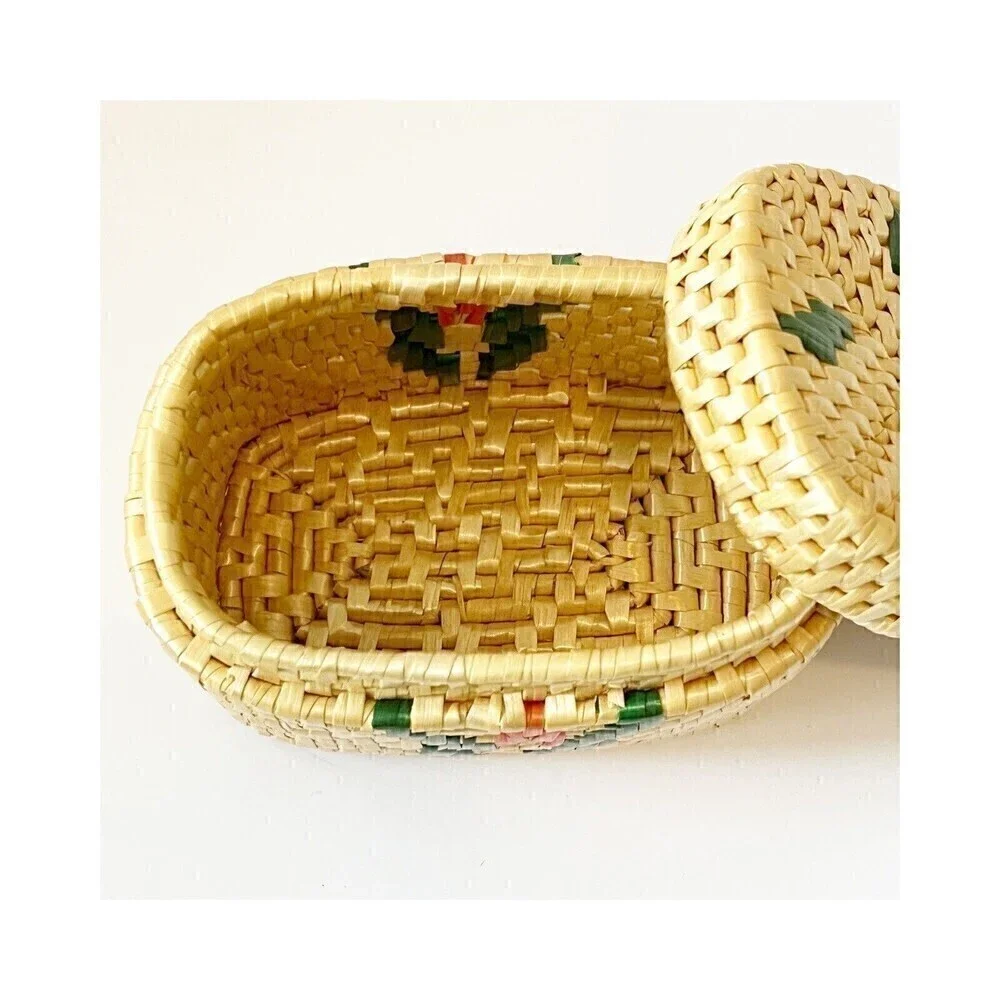 Sweetgrass? Woven Basket Lid Floral Xmas Oval Folk Art Southwest Small Trinket